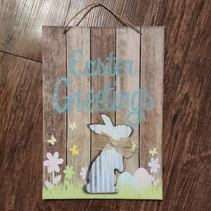 New Easter Greetings Rustic Wall Decor with Galvanized Metal Crinkle Bow Bunny
